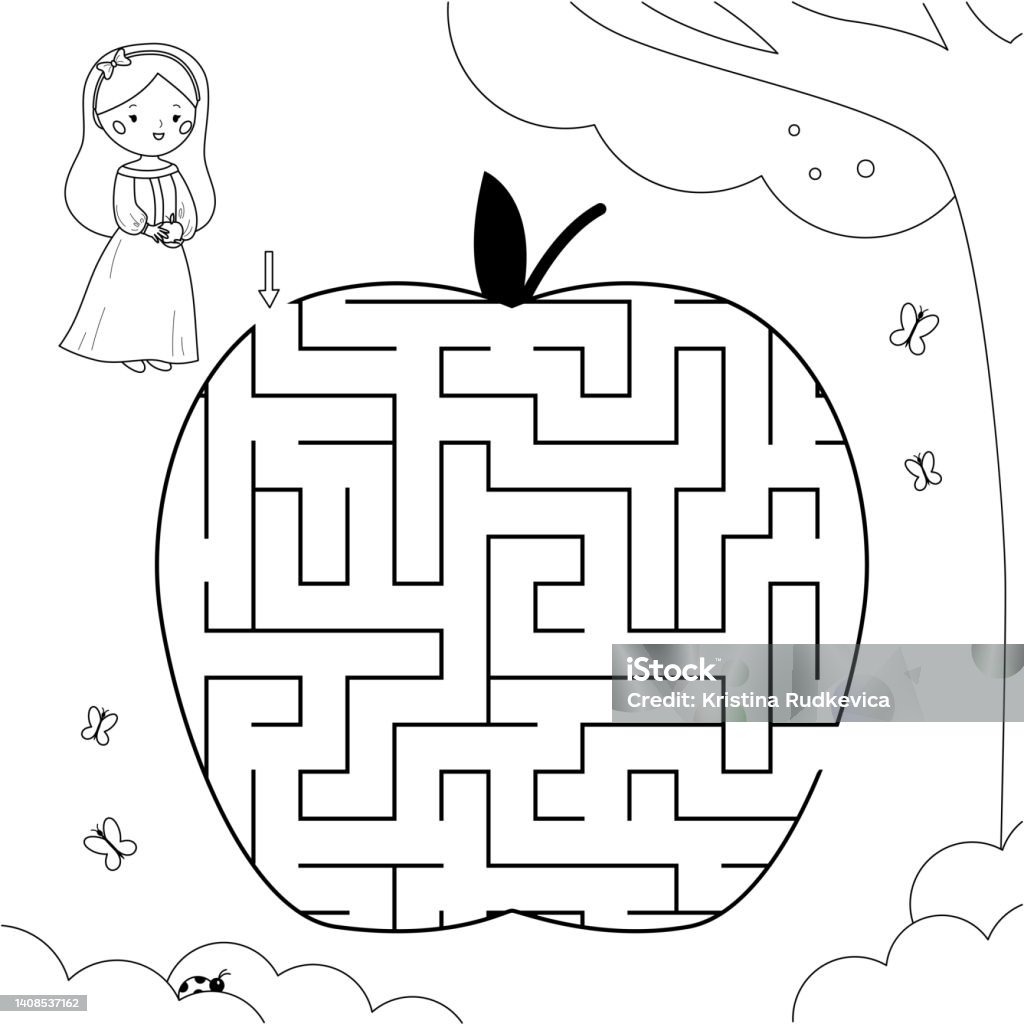 Coloring page with maze game cartoon snow white princess apple shaped labyrinth educational printable worksheet black and white vector illustration stock illustration