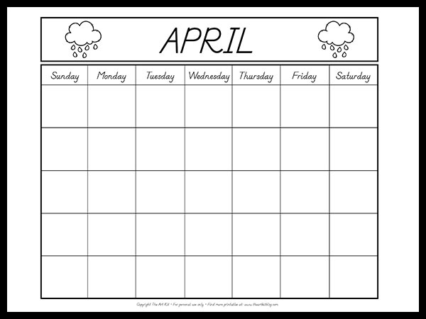 Free april calendar printable coloring page with clouds â the art kit