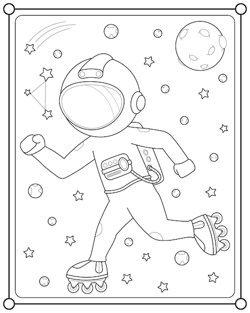 Premium vector cute astronaut playing rollerblade in space suitable for childrens coloring page vector