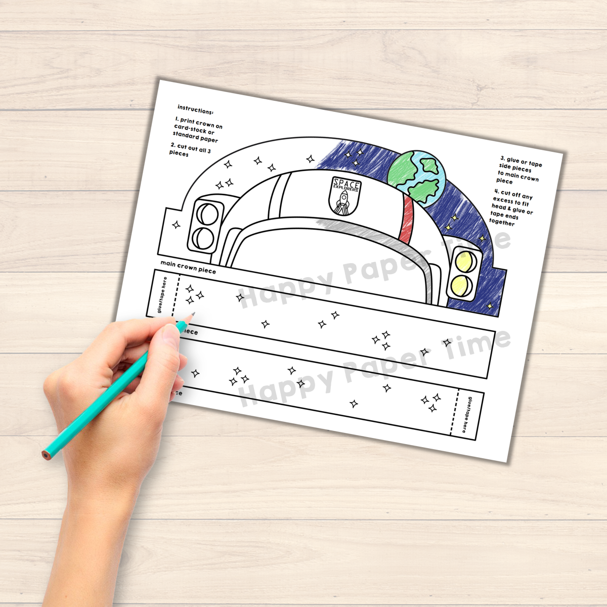 Astronaut helmet paper crown headband printable coloring craft activity for kids made by teachers