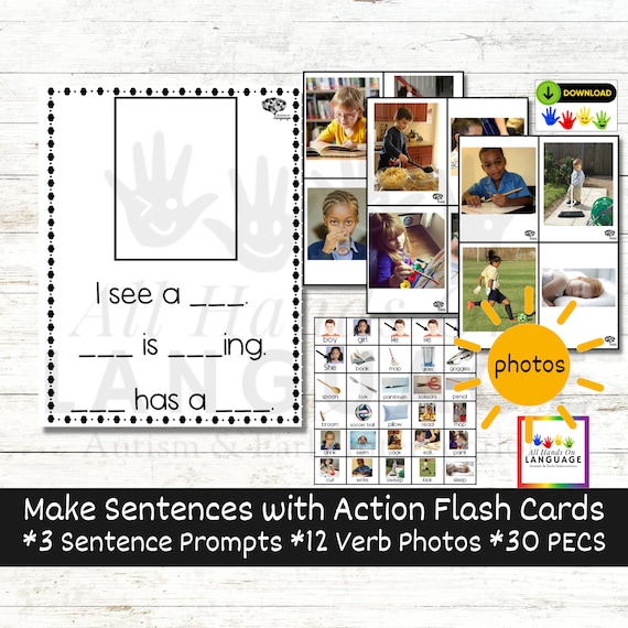 Make sentences using photograph action flashcards and pictures autism and speech therapy pdf printable