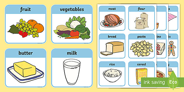 Food flashcards associating words with pictures