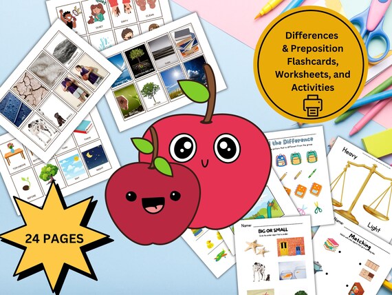 Preschool differences prepositions flashcards worksheets activities montisory autism homeschool kindergarten workbook bundle