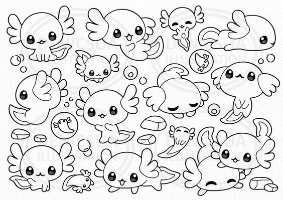 Baby axolotls clipart cute axolotl kawaii mexican salamanders amphibians illus digital download png lineart clip artnursery printable