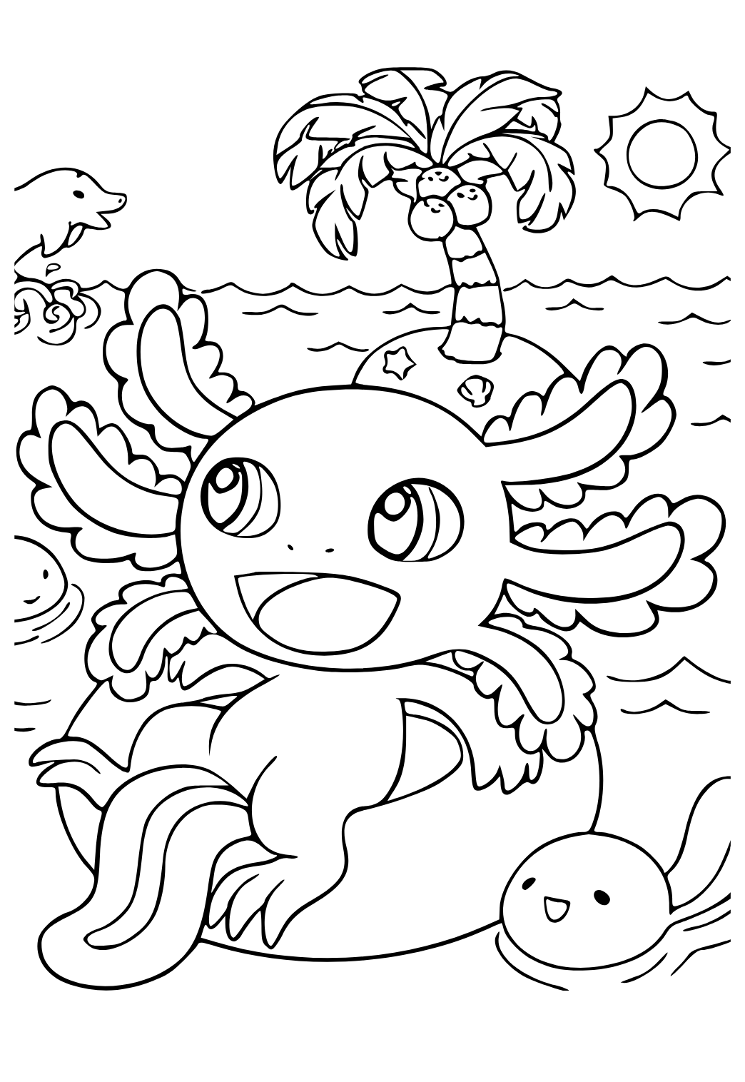 Free printable axolotl beach coloring page for adults and kids