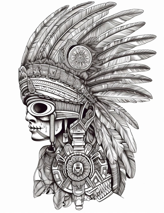 Aztec warrior god coloring page adult coloring sheet of the face of a mexica warrior chicano cultural icon instant digital download
