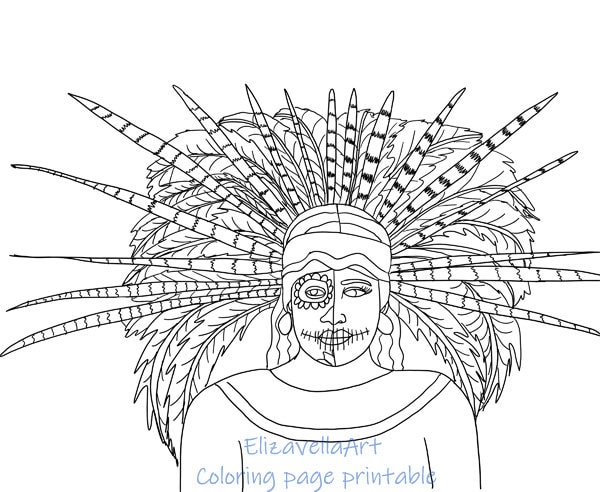 Aztec indian â day of the dead â skull woman â coloring page for adults â line art â instant download â elizavellaart â jpeg printable