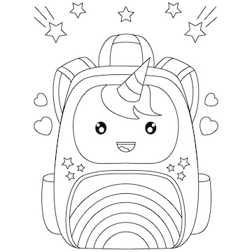 Premium vector rainbow unicorn school bag backpacks with star ornaments and coloring pages