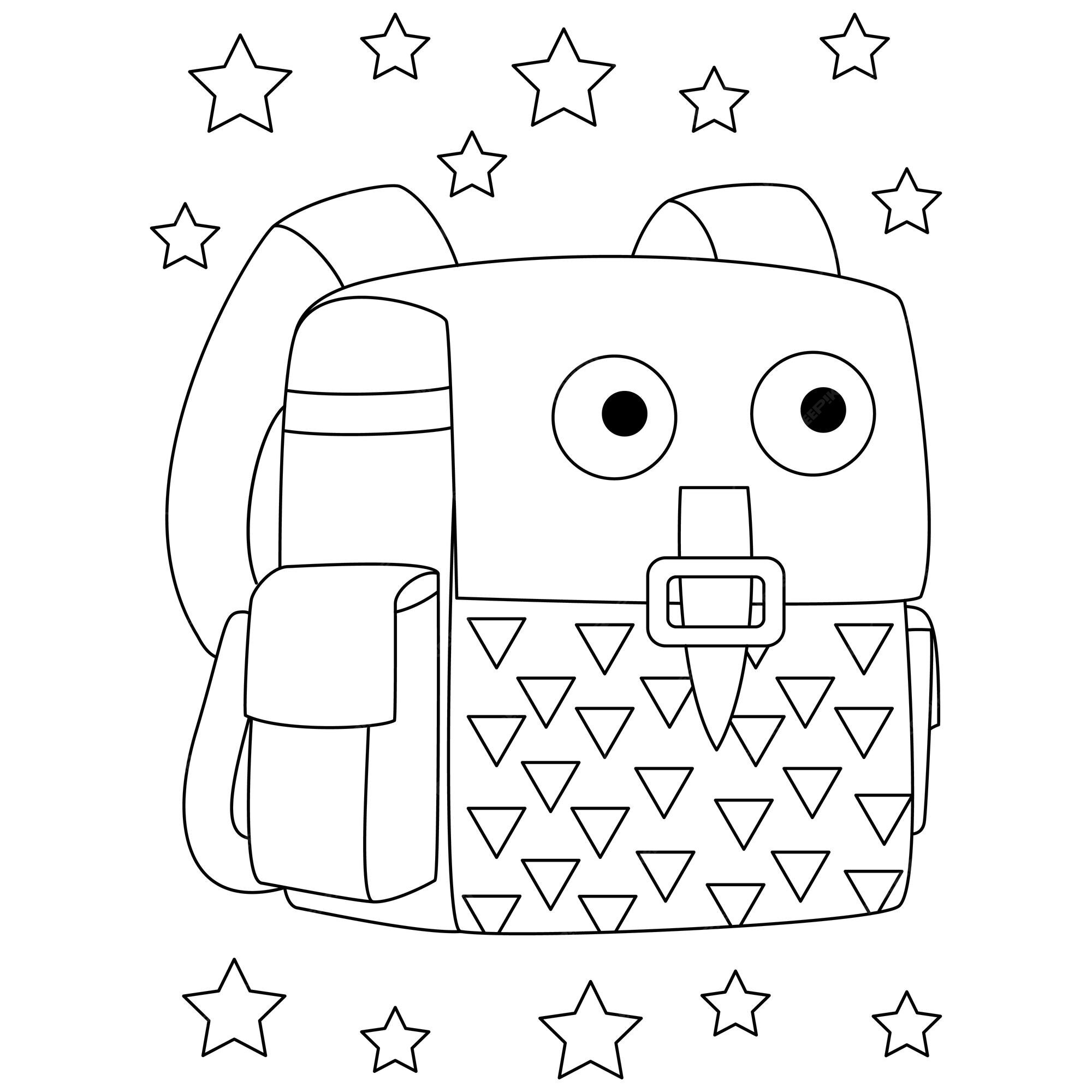 Premium vector cartoon character school bag backpacks with star ornaments coloring pages