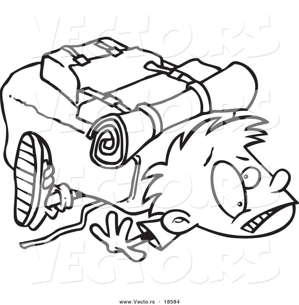 R of a cartoon boy crushed under a heavy hiking backpack