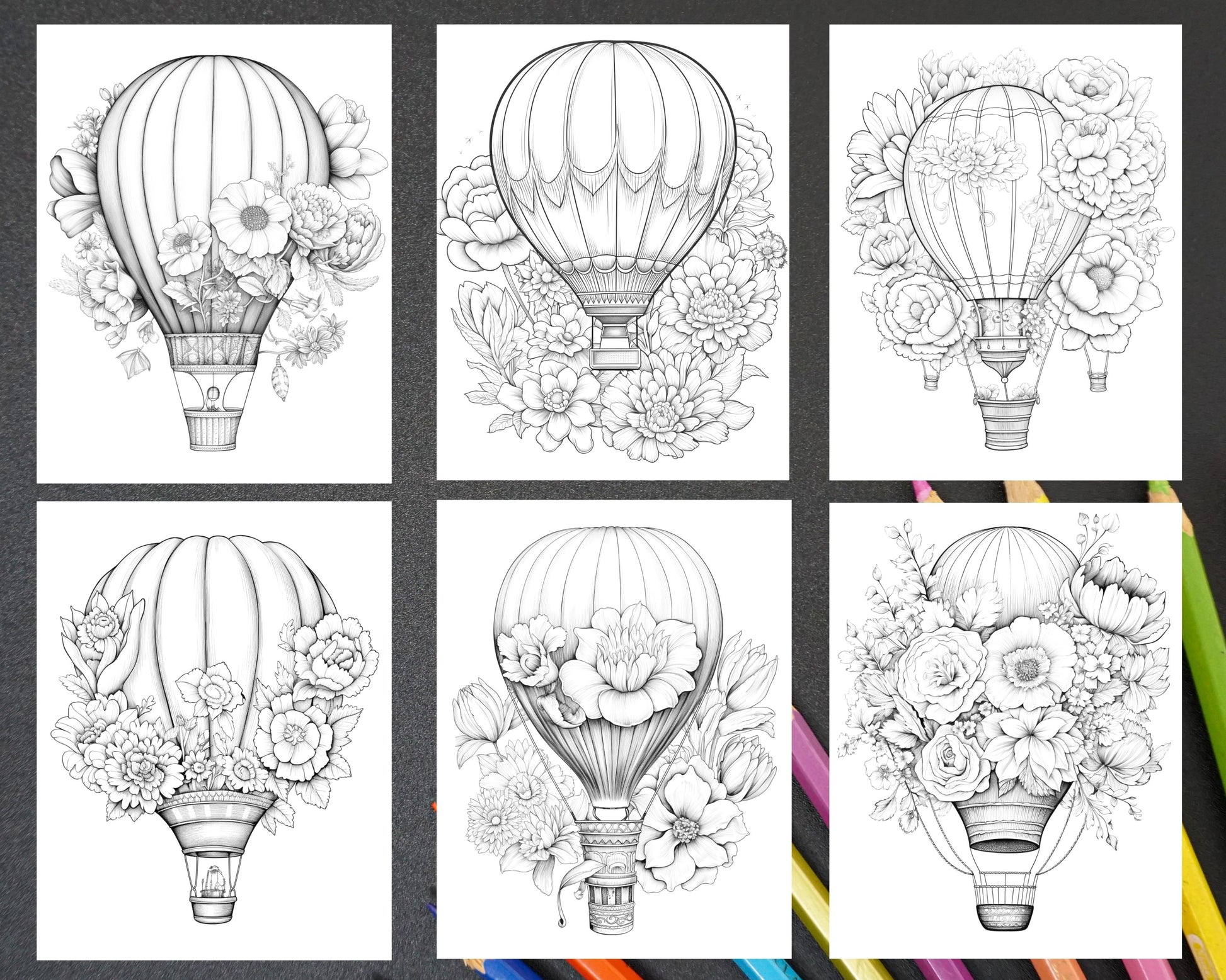 Flower hot air balloons grayscale coloring pages printable for adul â coloring