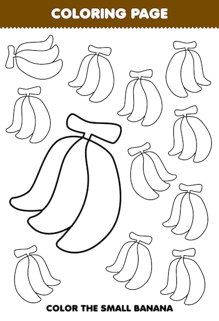 Premium vector education game for children coloring page big or small picture of cute cartoon banana fruit line art printable worksheet