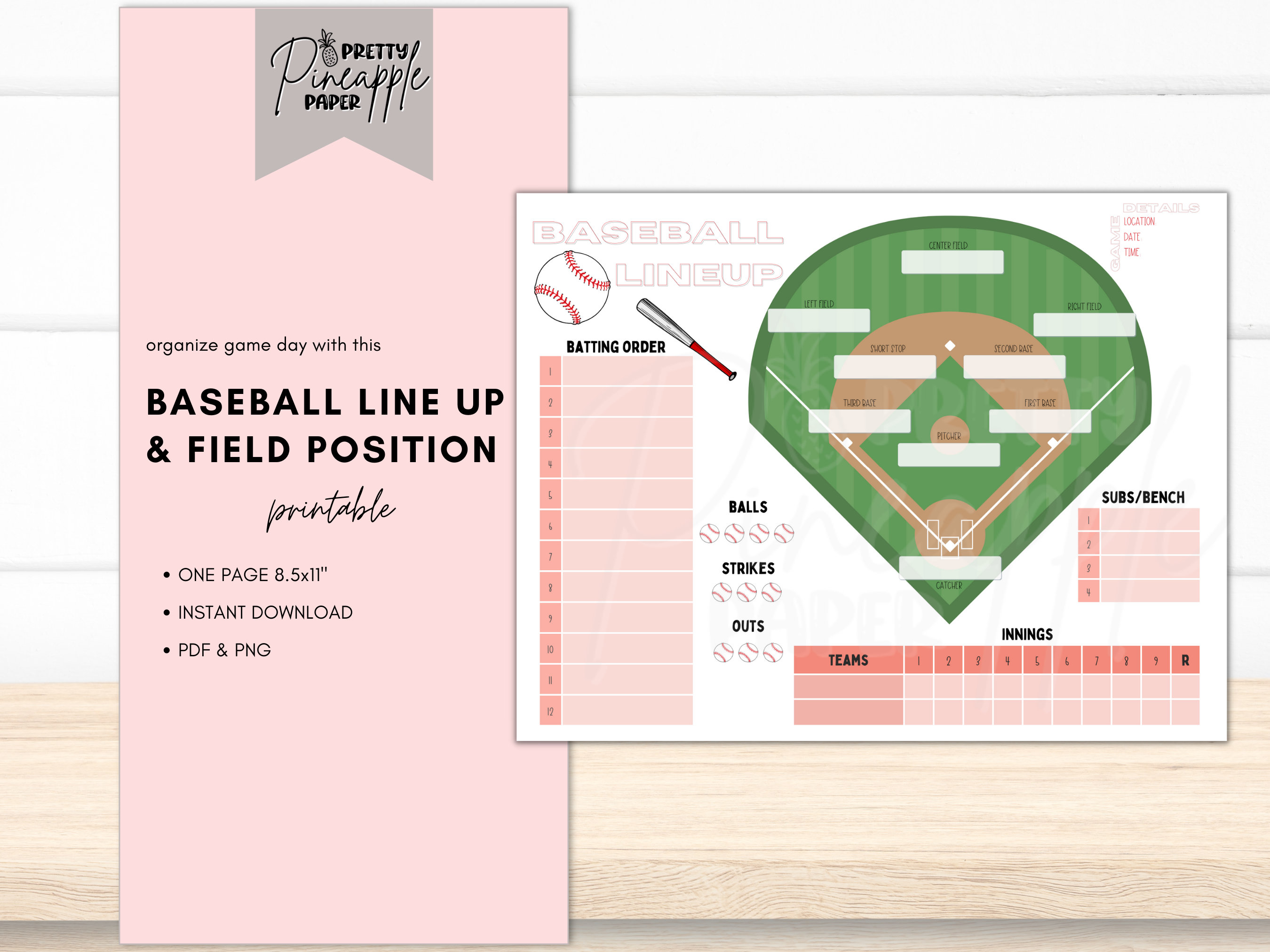 Printable baseball line up and field position sheet batting order dugout instant download for coach and team mom dad for game day schedule instant download