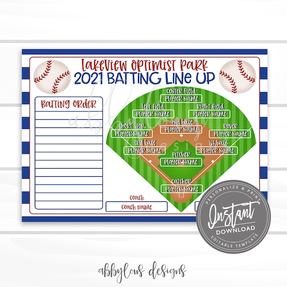 Editable baseball batting order printable batting line up ball roster editable baseball field positions editable file digital template