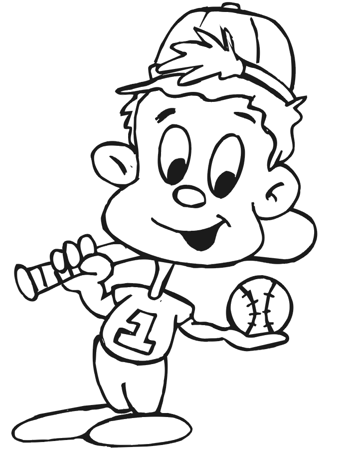 Printable baseball player coloring page kid with bat and ball