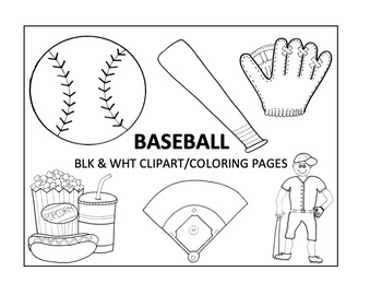 Baseball coloring pages black white clipart digital download png files