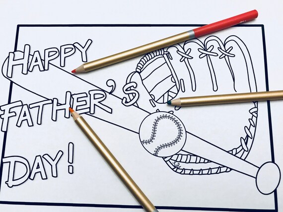 Happy fathers day coloring baseball page printable with baseball bat and glove