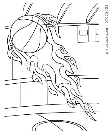 Basketball ball in fire coloring page for kids