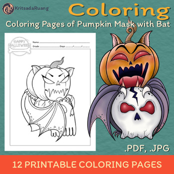 Coloring pages of pumpkin mask with bat for halloween
