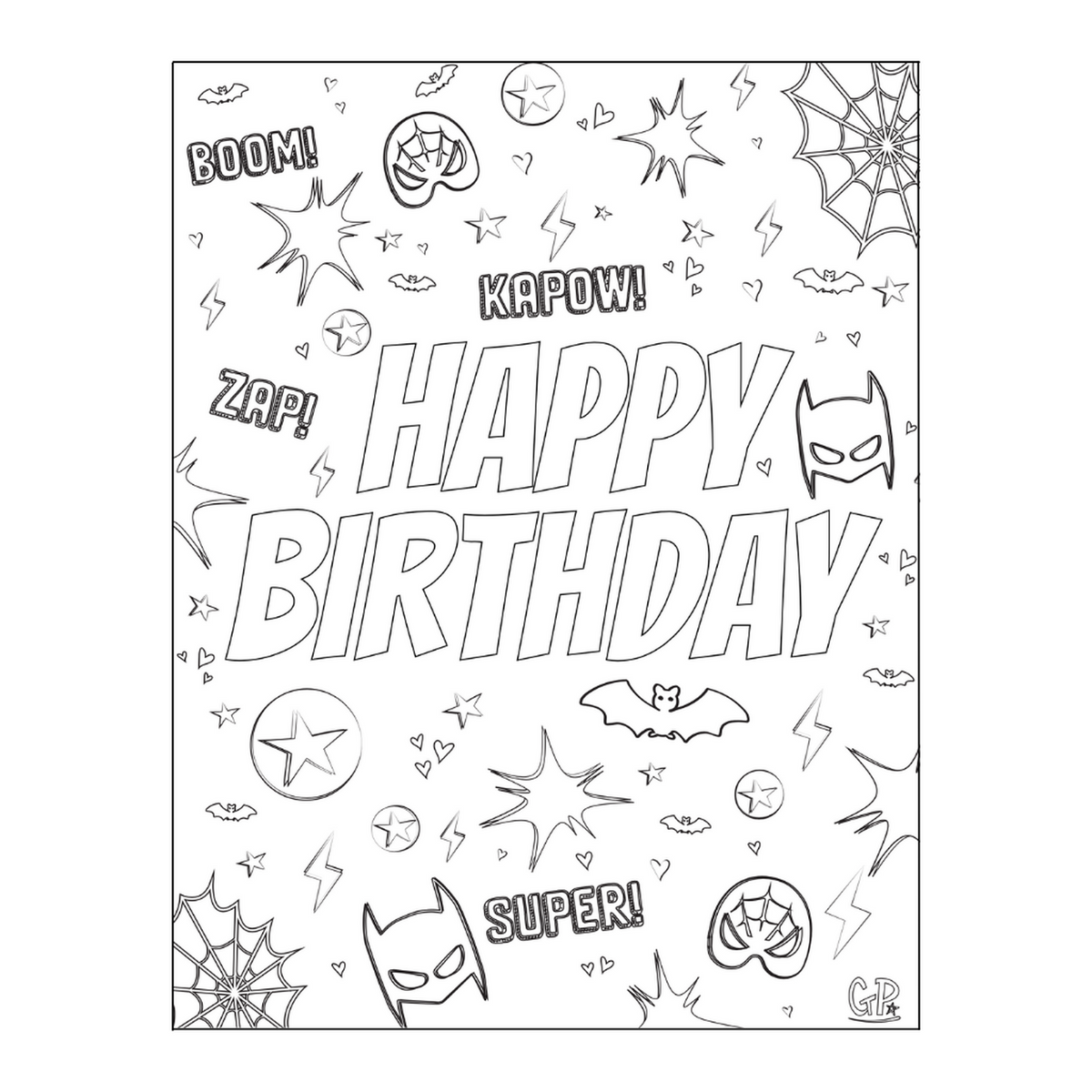 Superhero star birthday colouring page