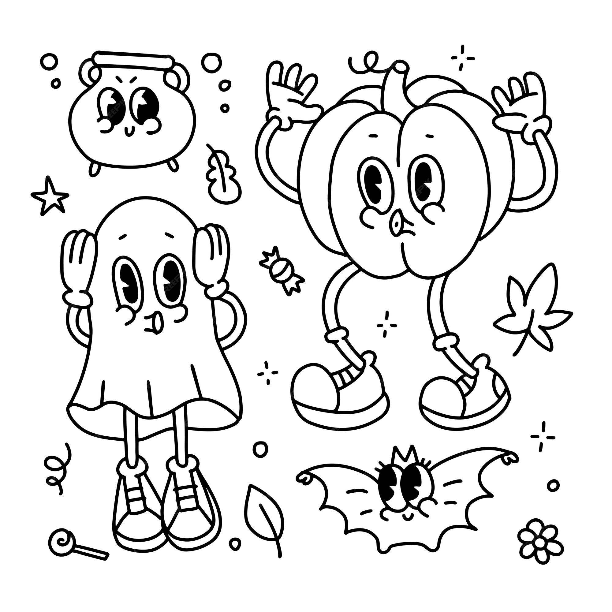 Premium vector halloween decorative design children coloring page position pumpkin ghost bat and small cauldron