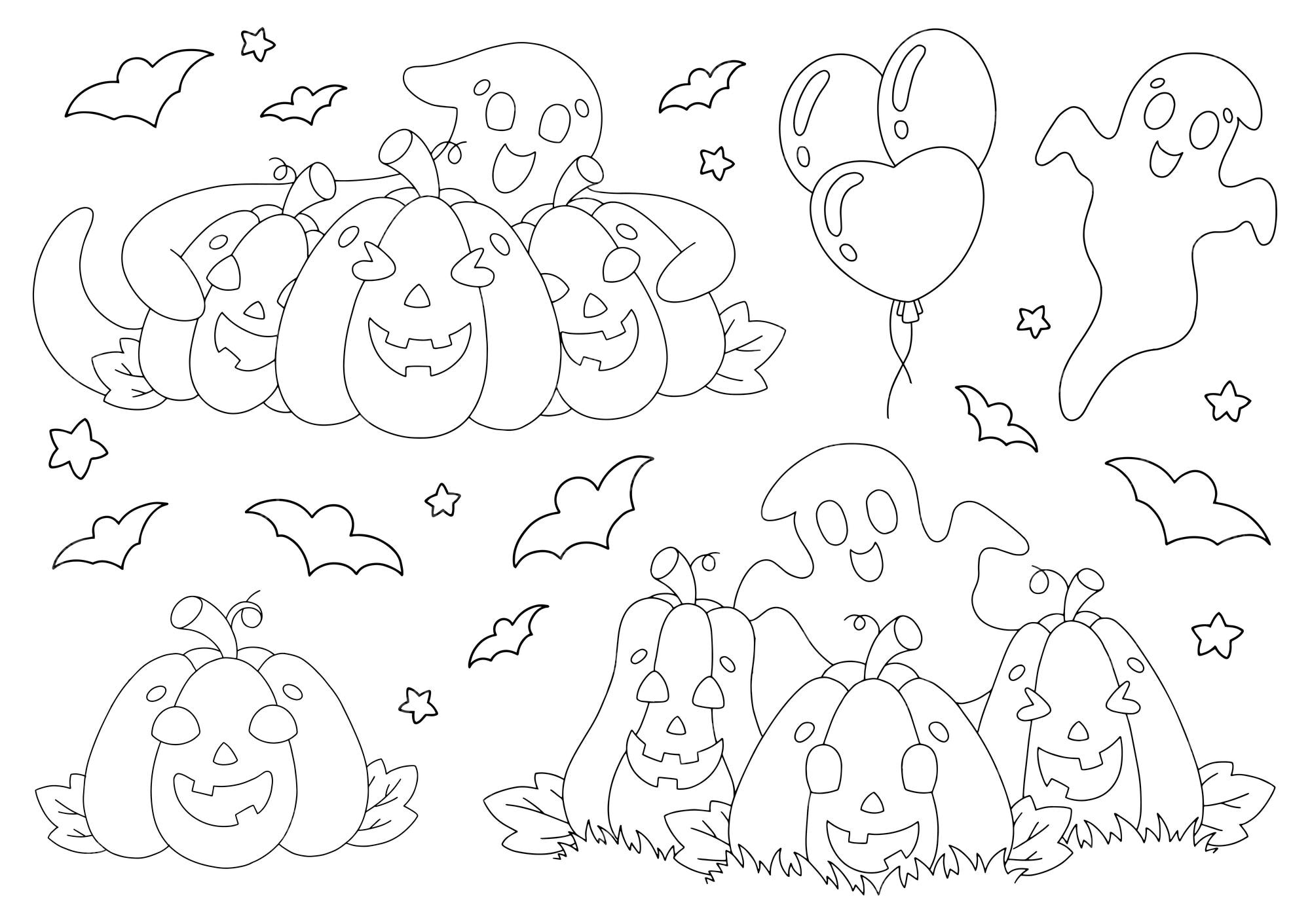 Premium vector set of elements for halloween pumpkins ghosts bats coloring book page for kids