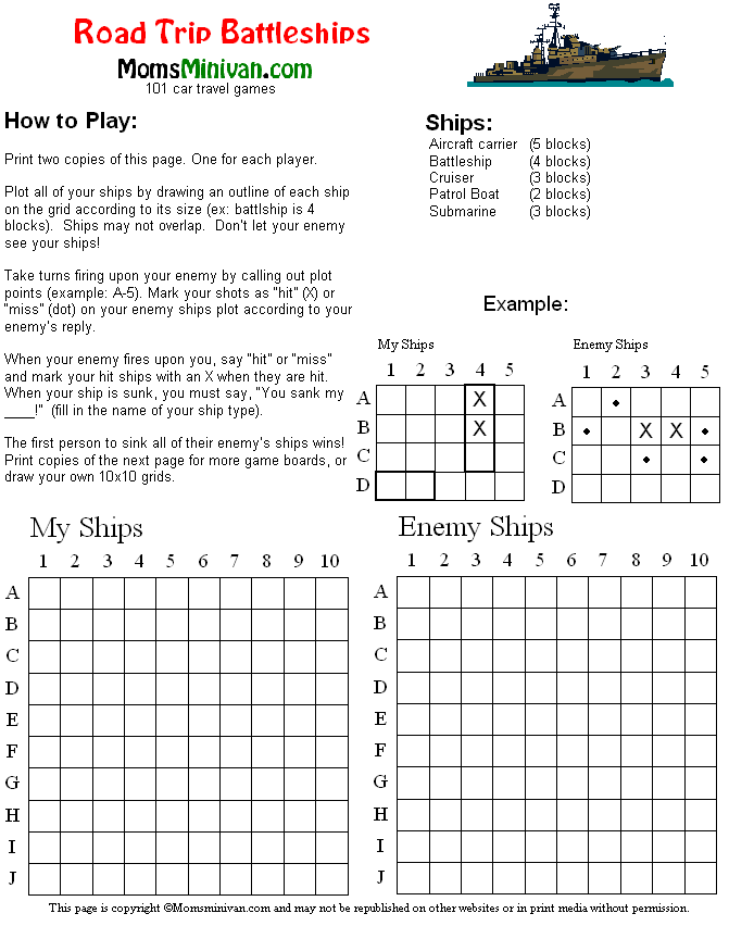 Battleships printable car game