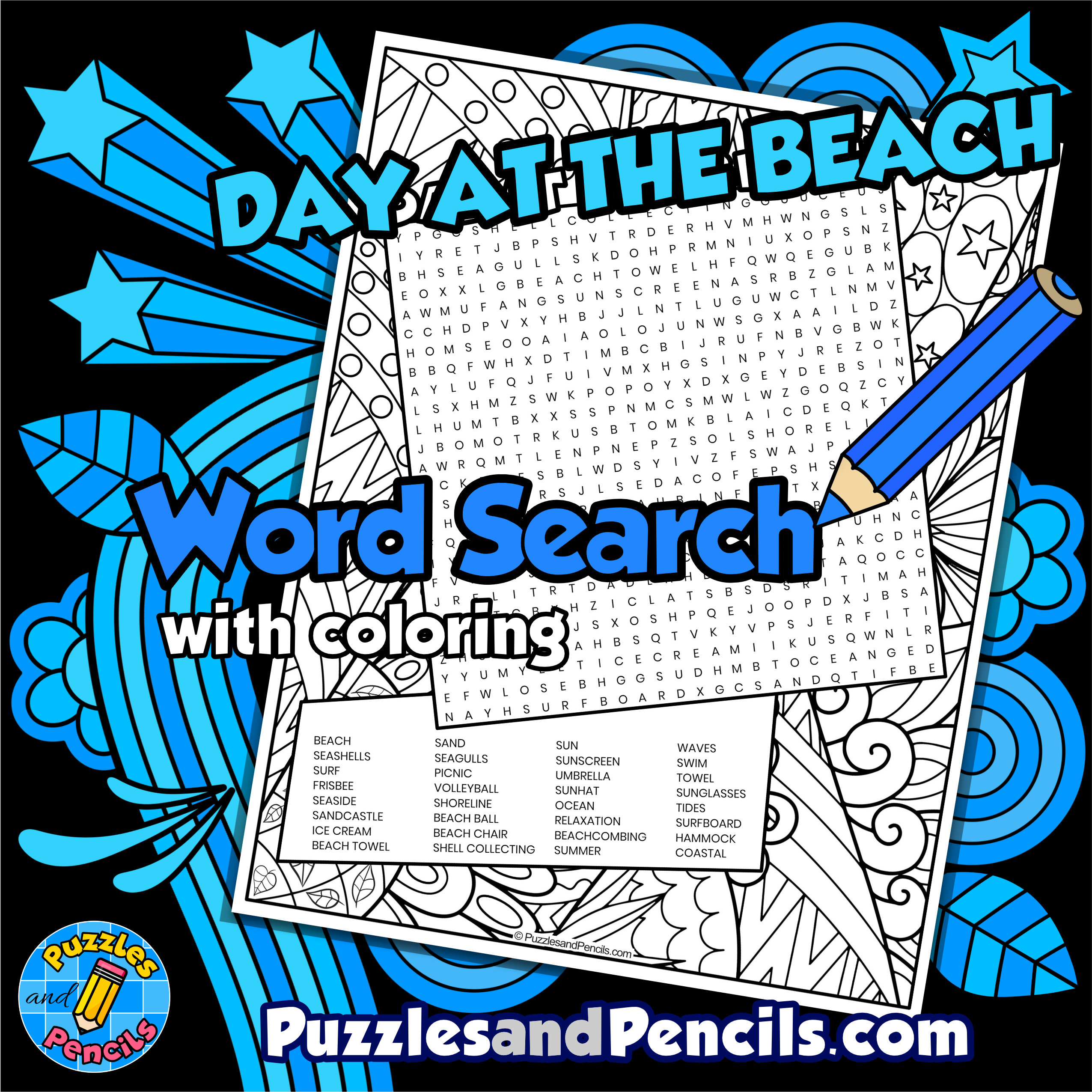 Day at the beach word search puzzle activity with coloring summer wordsearch made by teachers