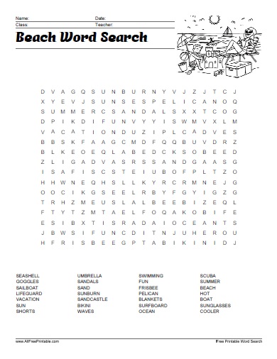 Beach word search â free printable