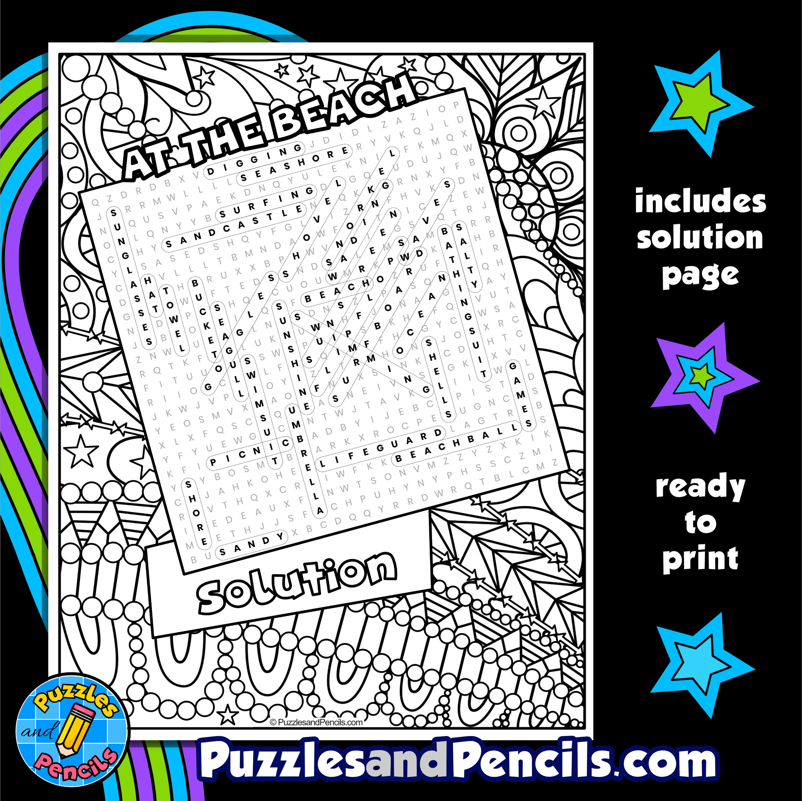 At the beach word search puzzle with coloring summer wordsearch made by teachers