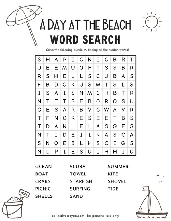 A day at the beach word search