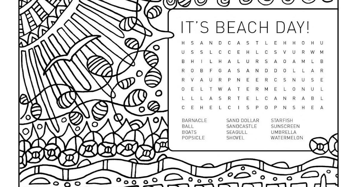 Word search colouring page its beach day