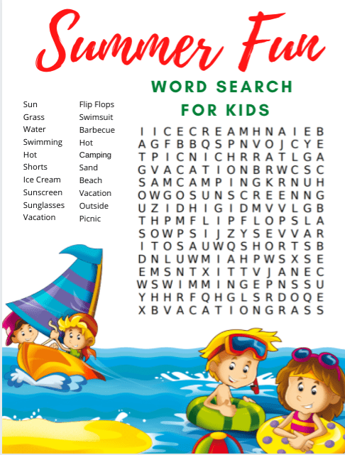Free printable summer word search for kids