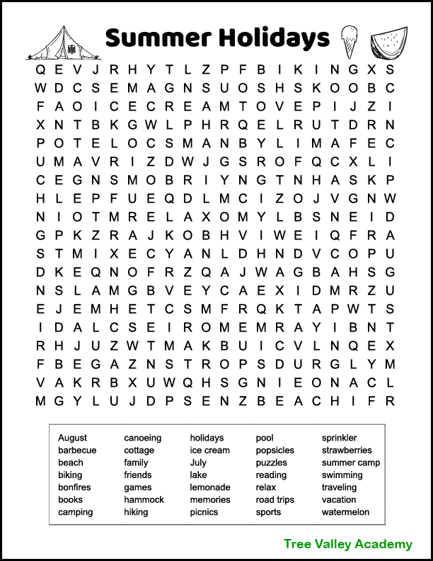 Summer holidays word search