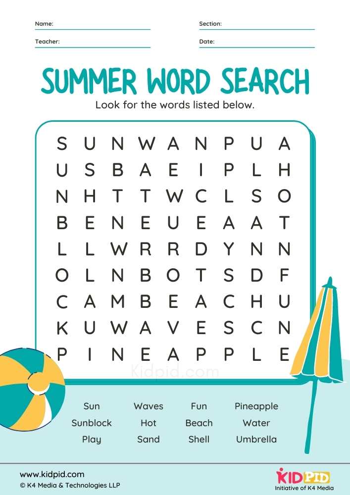Summer word search printable worksheet for kids