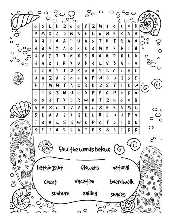 Beach life word search activity for adults word search pages digital download printable summertime puzzle book coloring pages