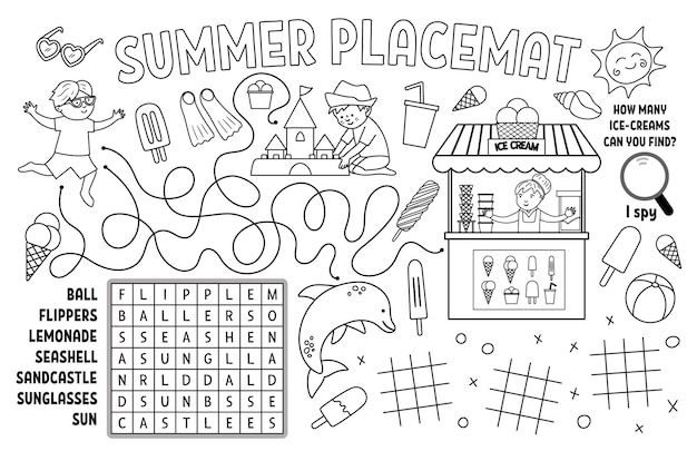 Premium vector vector summer placemat for kids beach holidays printable activity mat with wordsearch tic tac toe charts maze black and white play mat or coloring page with cute children icecream