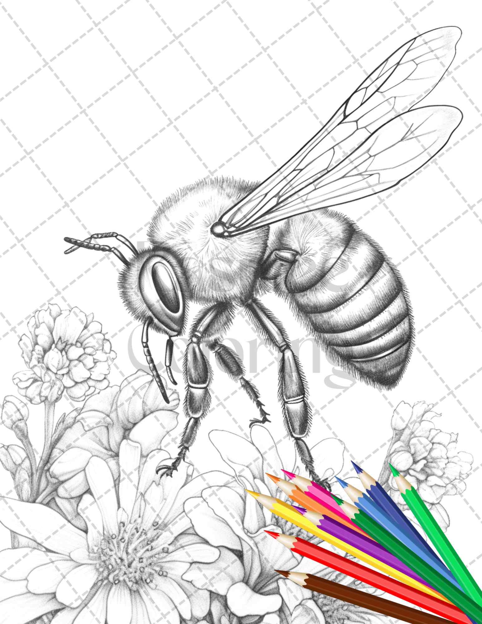 Vintage botanical bee grayscale coloring pages printable for adults â coloring