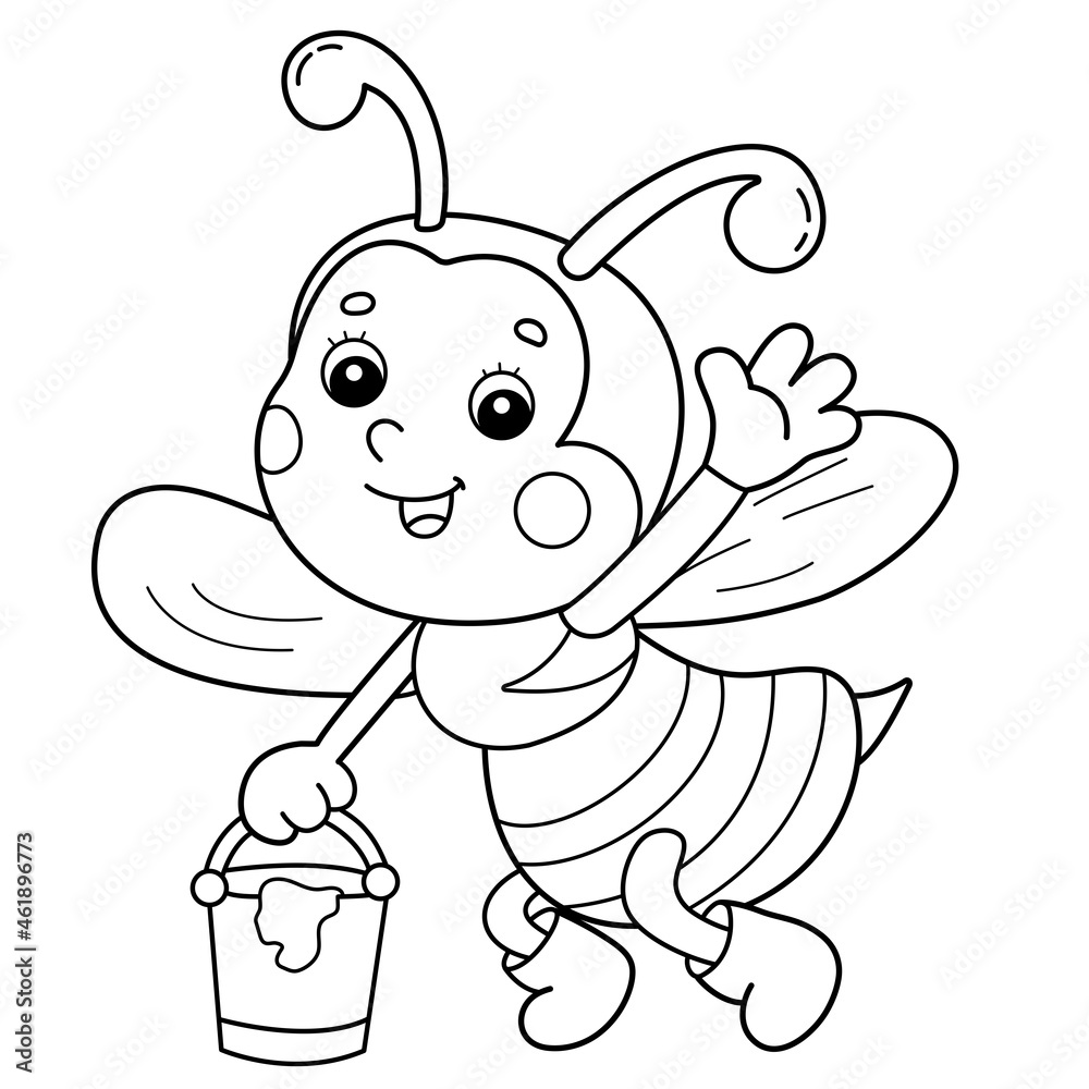 Coloring page outline of cartoon little bee with honey coloring book for kids vector