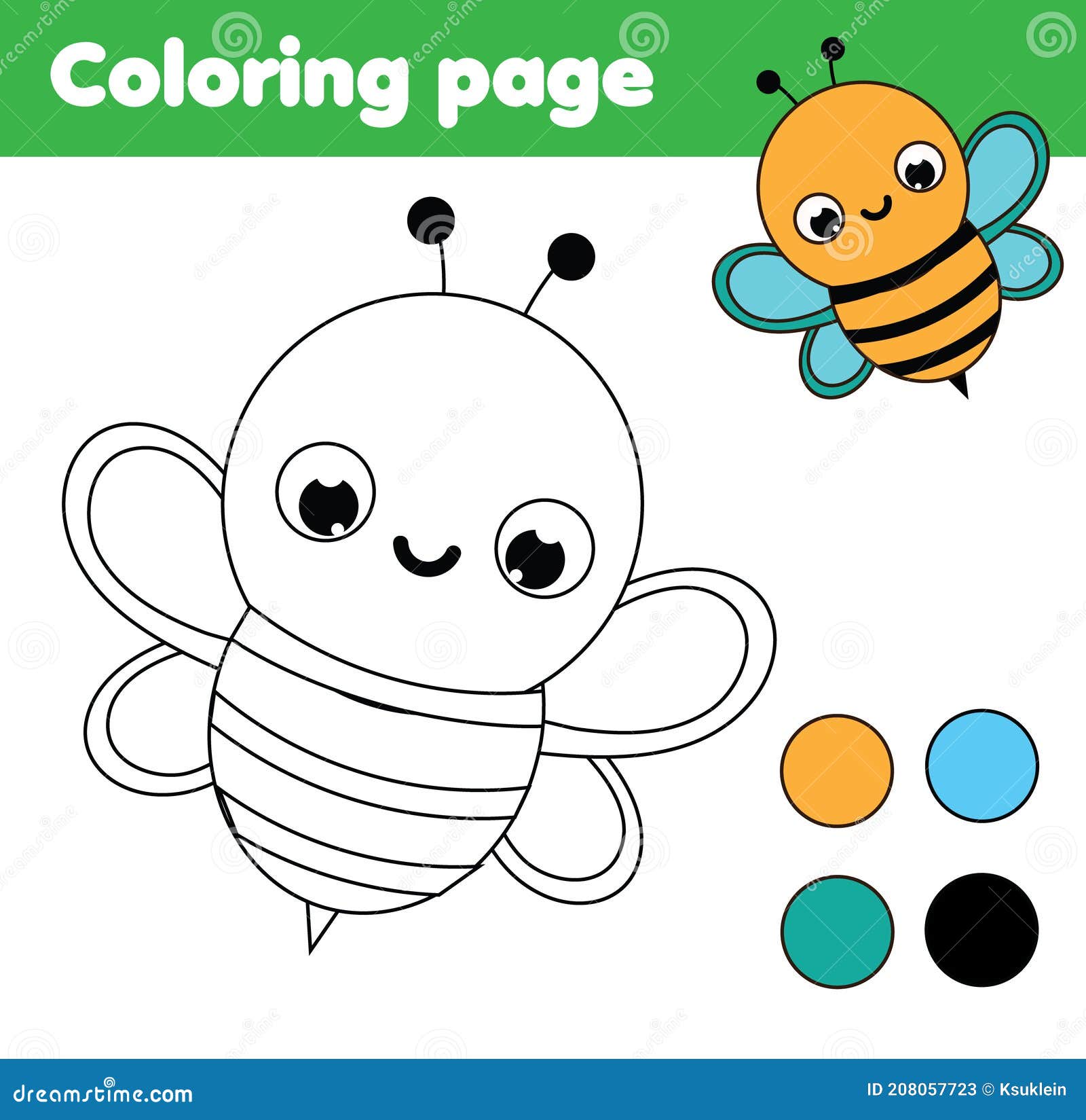 Coloring page with cartoon bee drawing kids activity stock vector