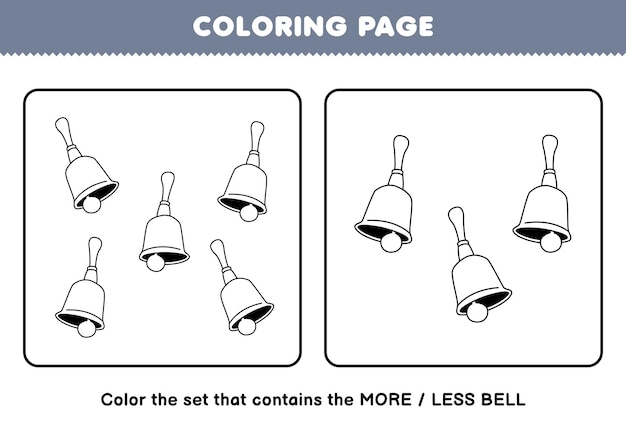 Premium vector education game for children coloring page more or less picture of cartoon music instrument bell line art set printable worksheet
