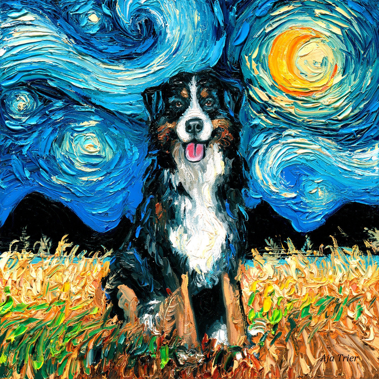 Bernese mountain dog art starry night art print dog lover gift art by aja choose size and type of paper pet artwork