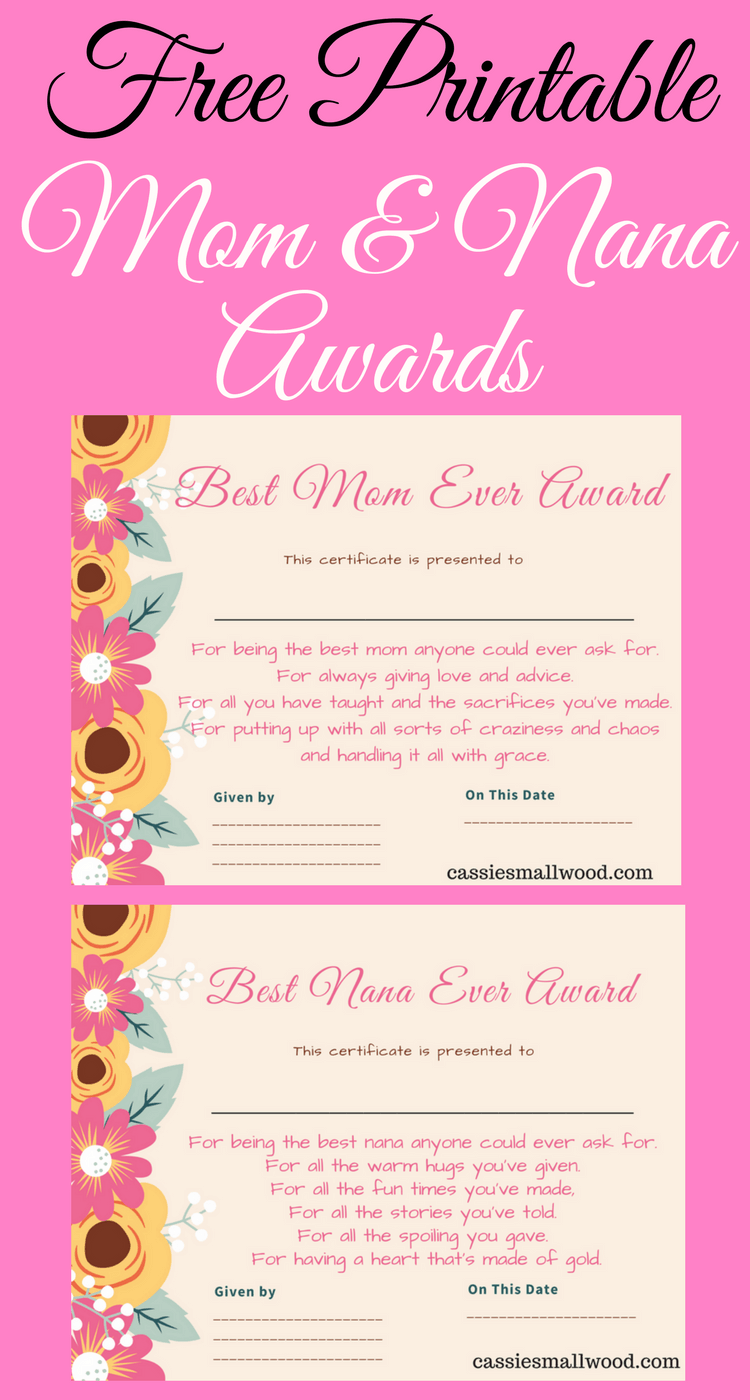 Free mothers day printable certificate awards for mom and grandma