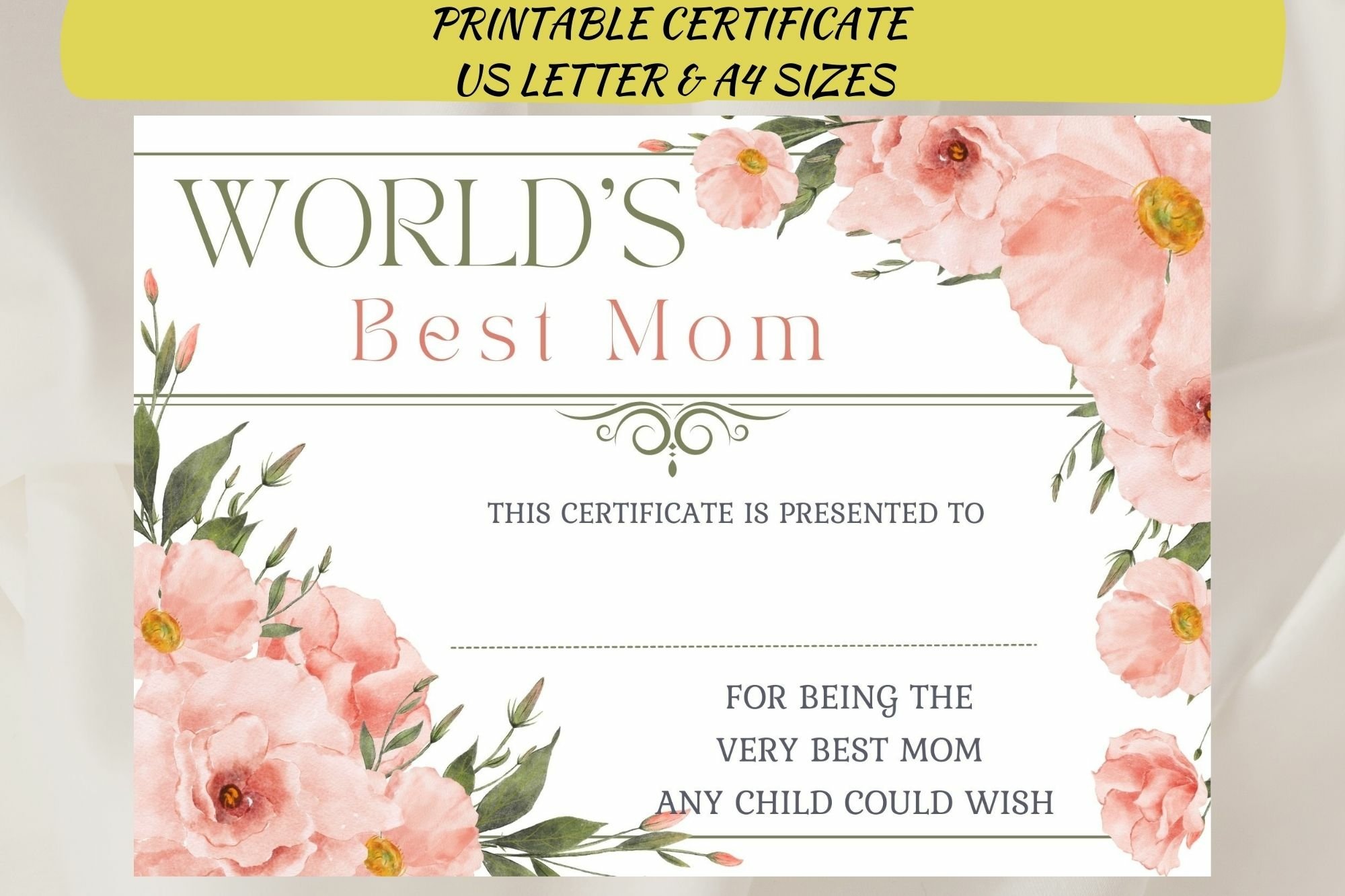 Worlds best mom pink floral certificate mothers day gift