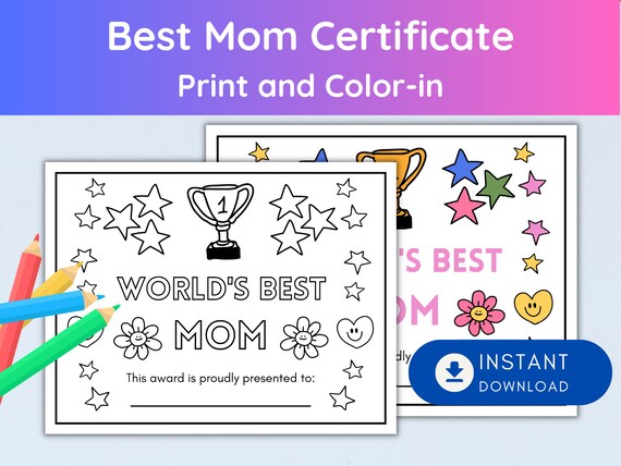Worlds best mom mothers day certificate coloring