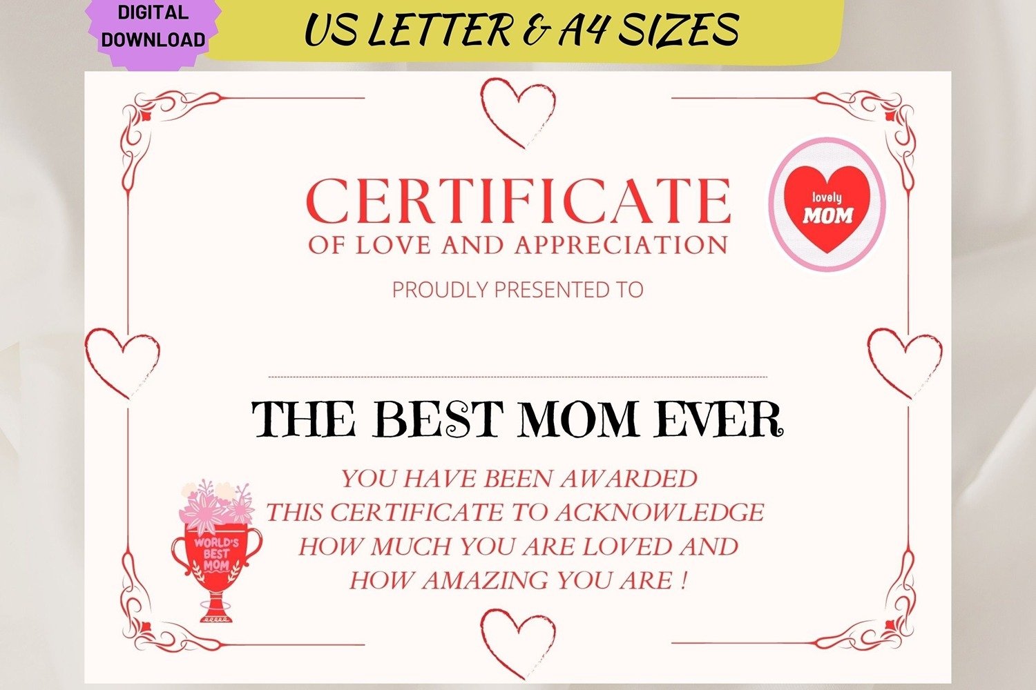 Best mom ever certificate customizable mothers day gift