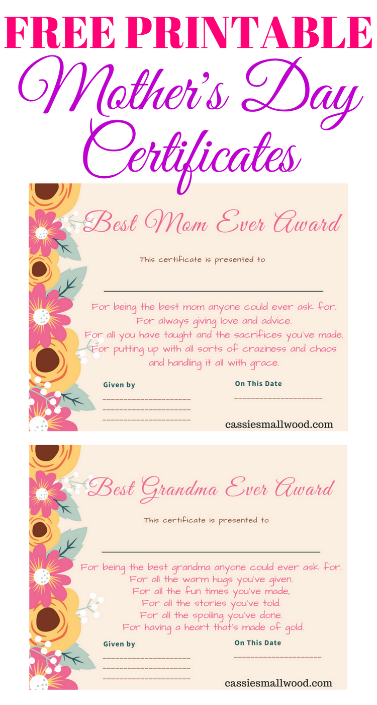 Free mothers day printable certificate awards for mom and grandma