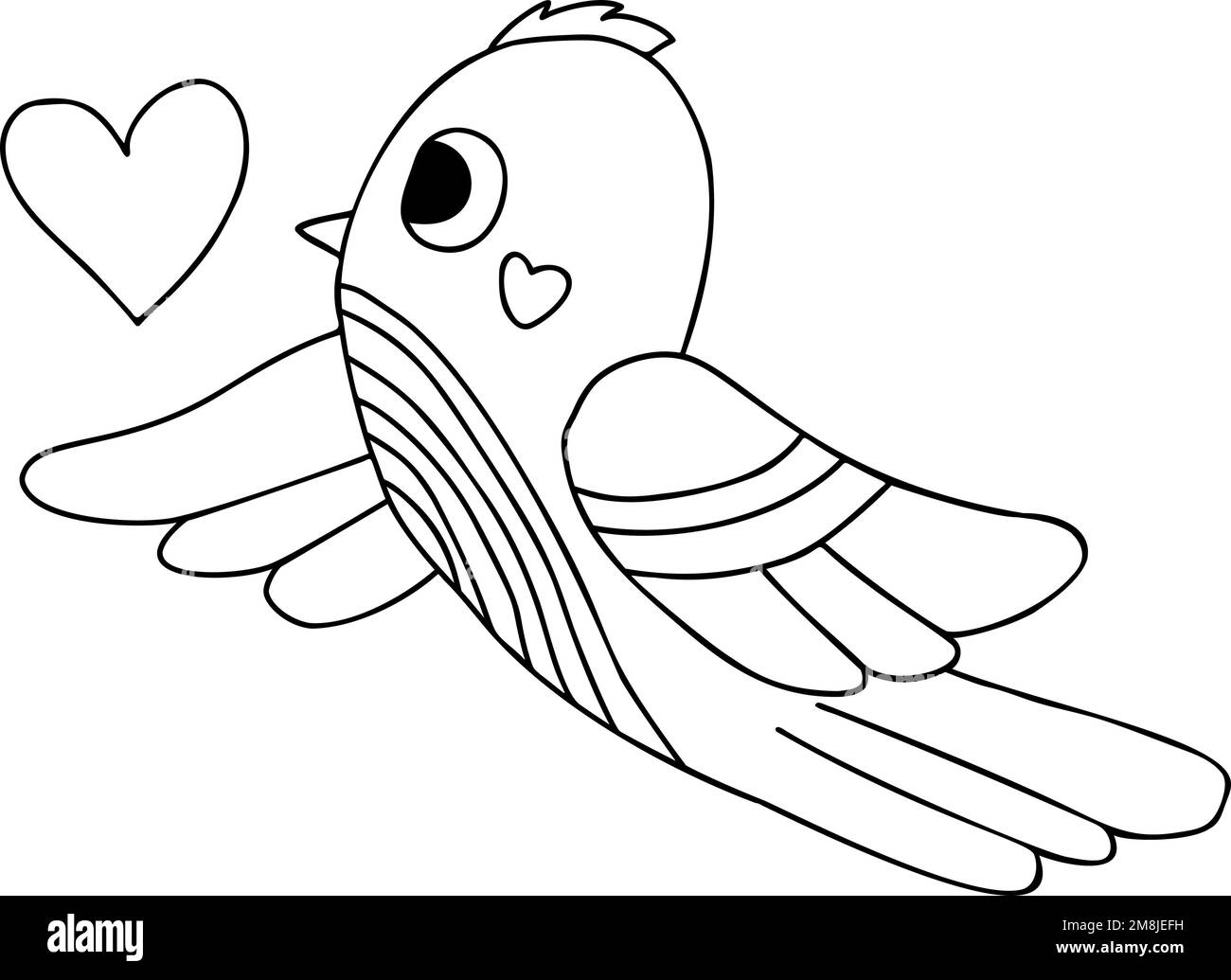 Cute bird with heart vector illustration outline drawing for design decor valentines cards print coloring page stock vector image art