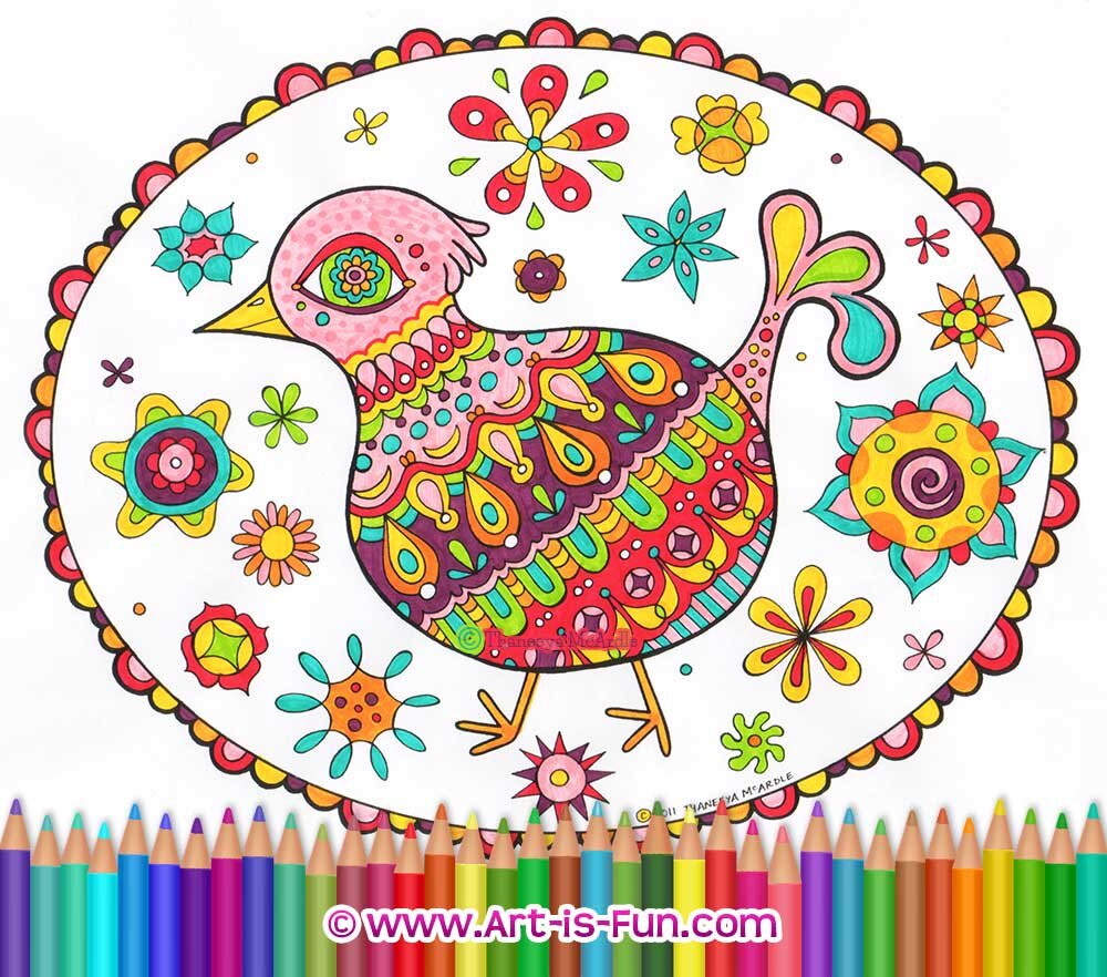 Folk art birds coloring pages