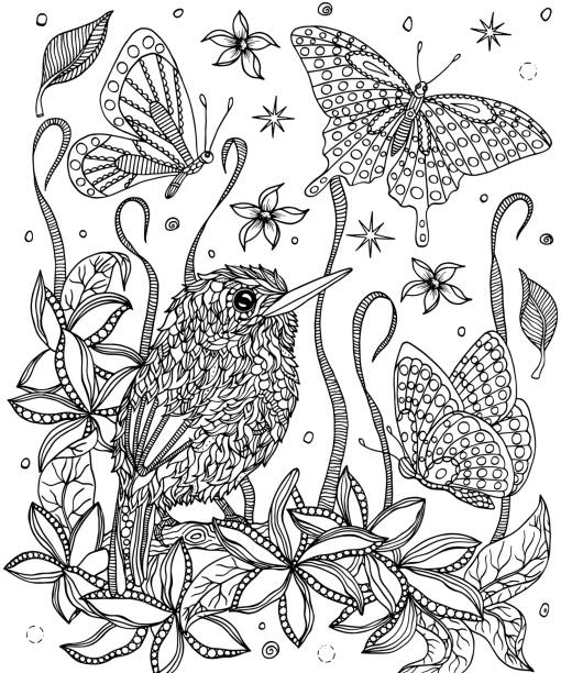 Bird cuban tody and flowers coloring page stock illustration